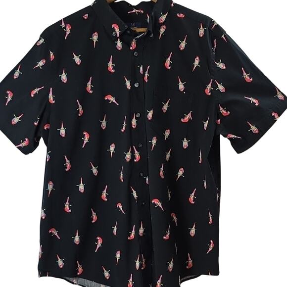 Mens Sz 2XL Classic Fit Black Parrot Print Button Down Islands George Shirt - Picture 1 of 12